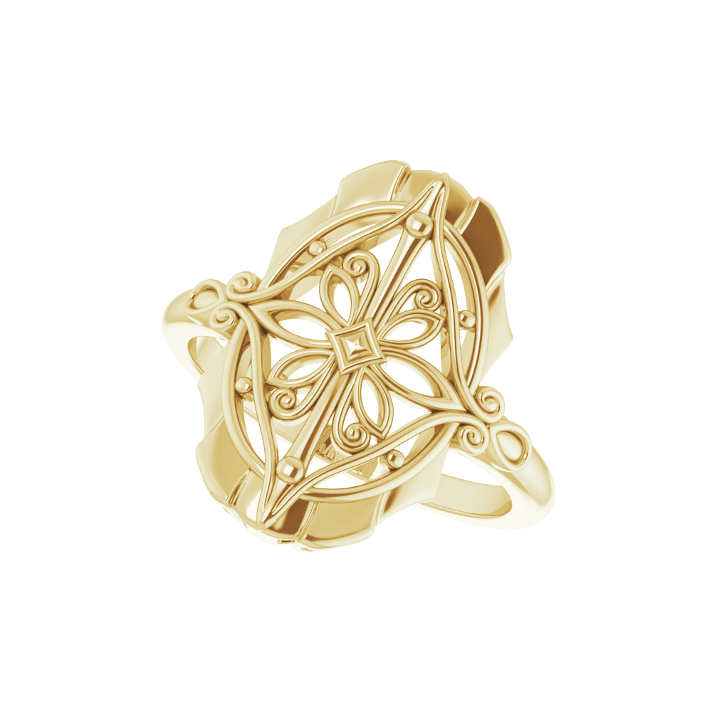 Close-up of the Rosette Héritage Ring in 14K gold with intricate geometric vintage design