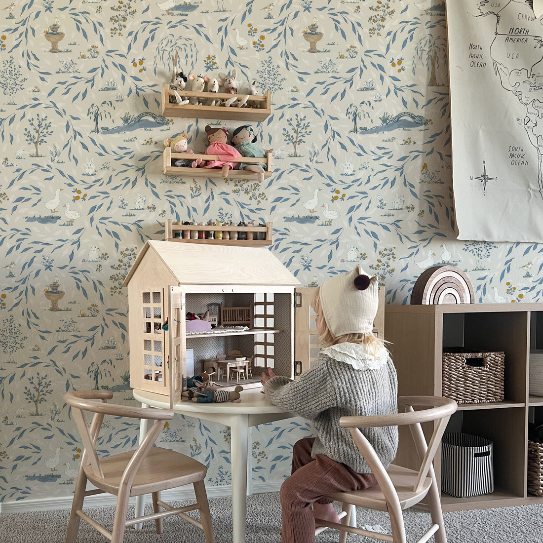 Harmony traditional cottagecore wallpaper in shades of light blue, white, and grey