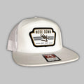 Vintage white 7-panel woven hat featuring a detailed NDS patch on the front crown.