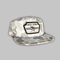 Vintage white woven rope hat featuring Dog Wood Duck camo pattern and snapback closure