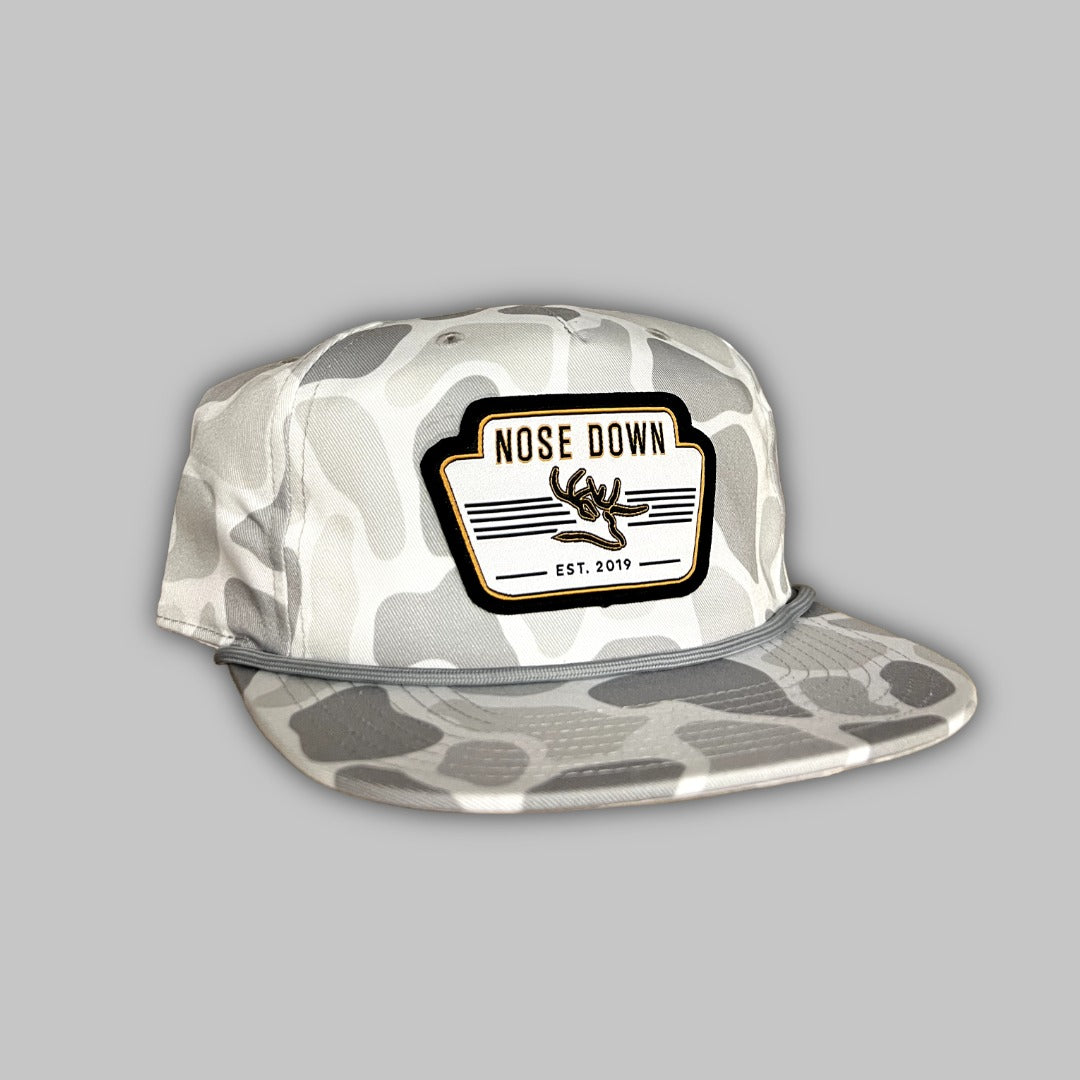 Vintage white woven rope hat featuring Dog Wood Duck camo pattern and snapback closure