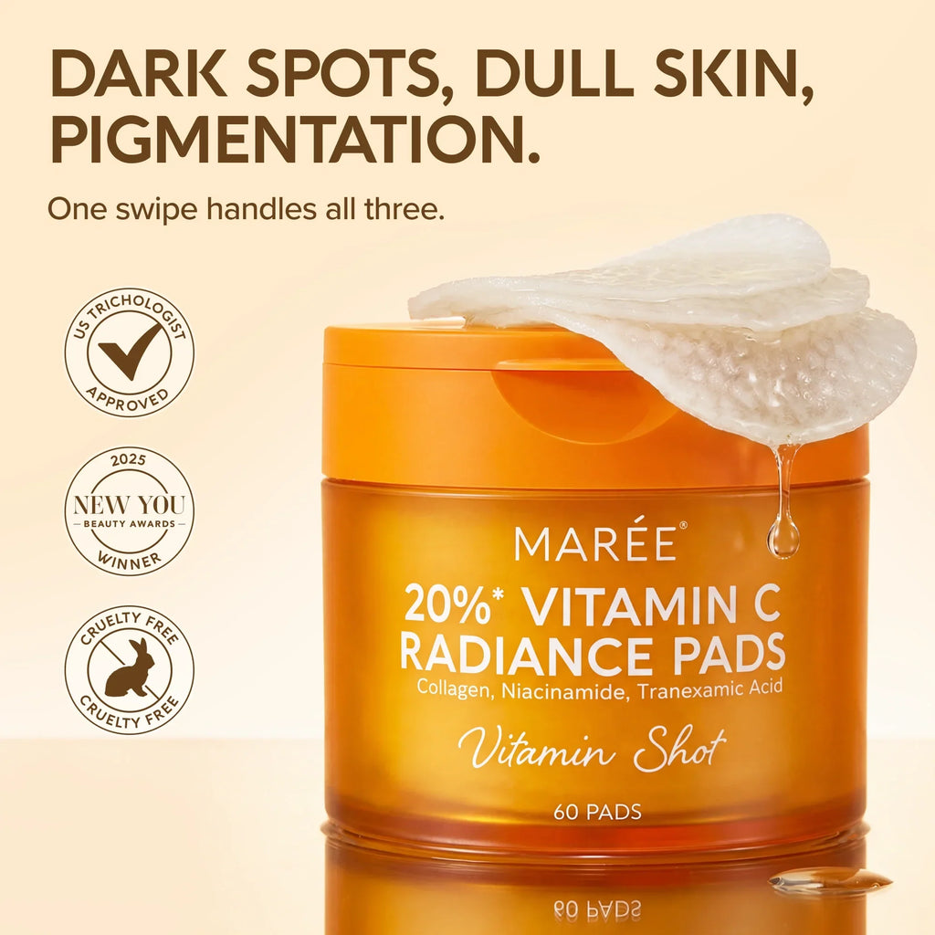 A jar of Marée 20% Vitamin C Radiance Pads with a single pad on top, showcasing the product benefits of targeting dark spots and dull skin.
