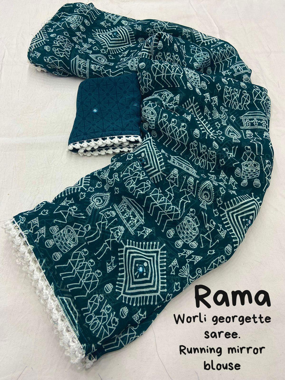 Rama Poly Georgette Ethnic Worli Print Saree with Mirror Work
