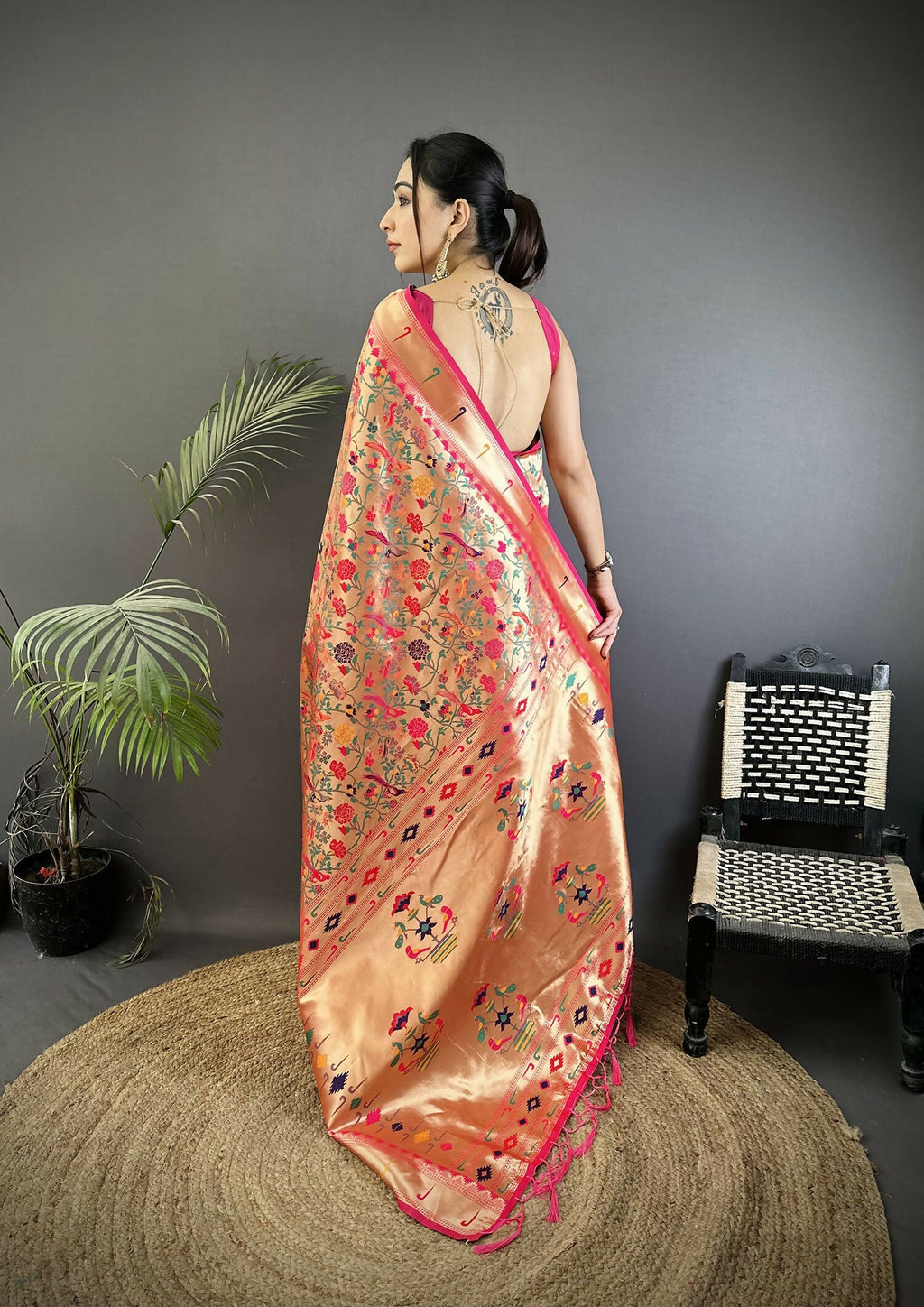 Rani Pink Floral & Leaf Design Soft Silk Paithani Saree with Blouse