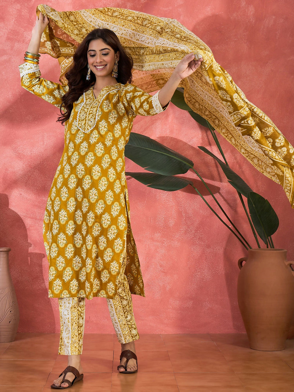 Printed Mustard Pure Cotton Kurta Set for Women