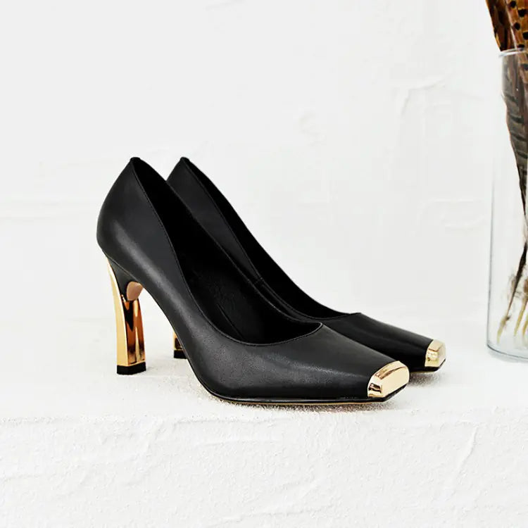 Women's Leather Square Toe Heels with Metallic Gold Heel and Tip - Image 13