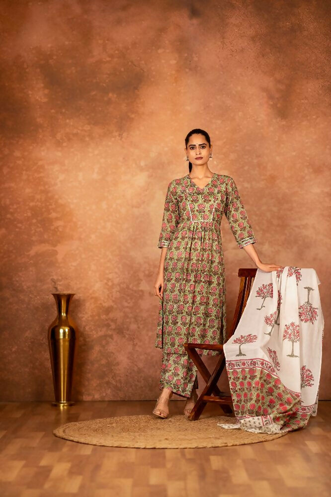 Green Hand Block Printed Cotton Suit Set for Women