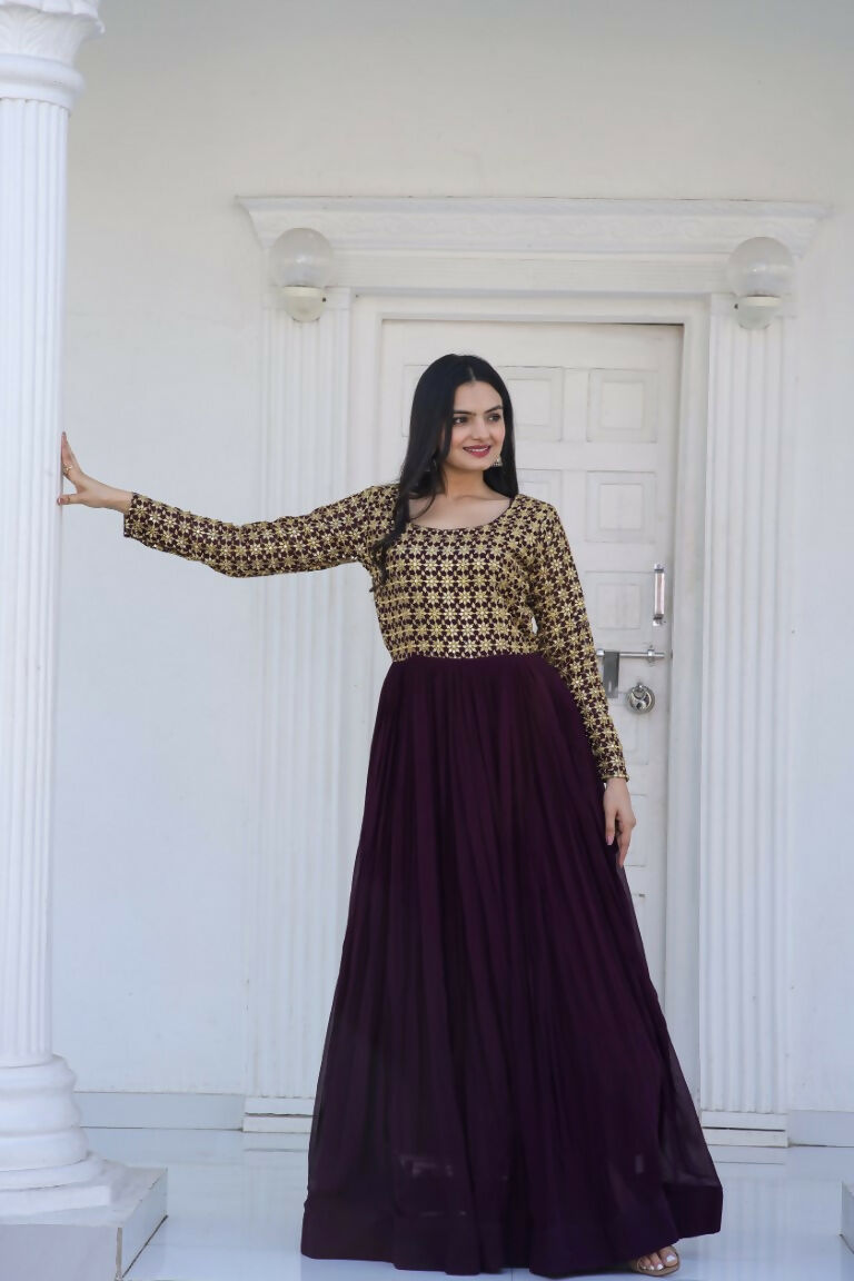 Wine Faux Blooming Anarkali Dress with Sequence Zari Embroidery
