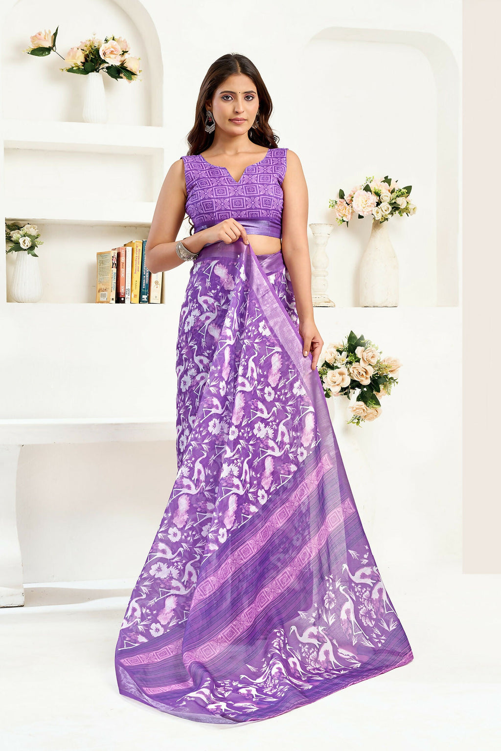Purple Floral & Bird Motifs Linen Ready To Wear Saree
