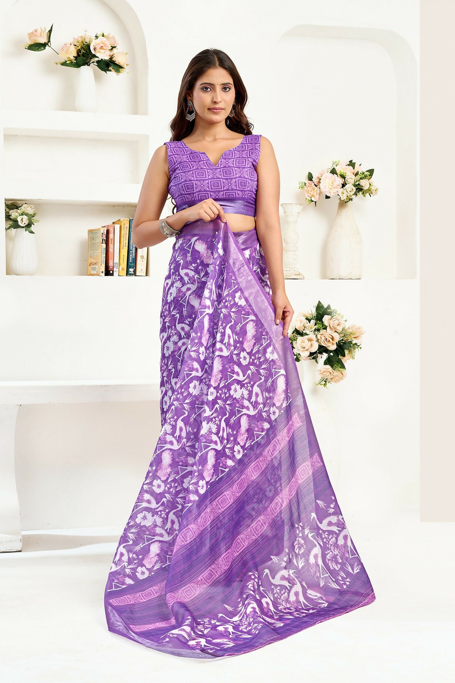 Purple Floral & Bird Motifs Linen Ready To Wear Saree