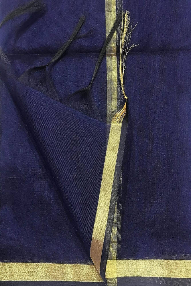 Navy Blue Chanderi Banarsi Piping Dupatta - Ethnic Festive Wear