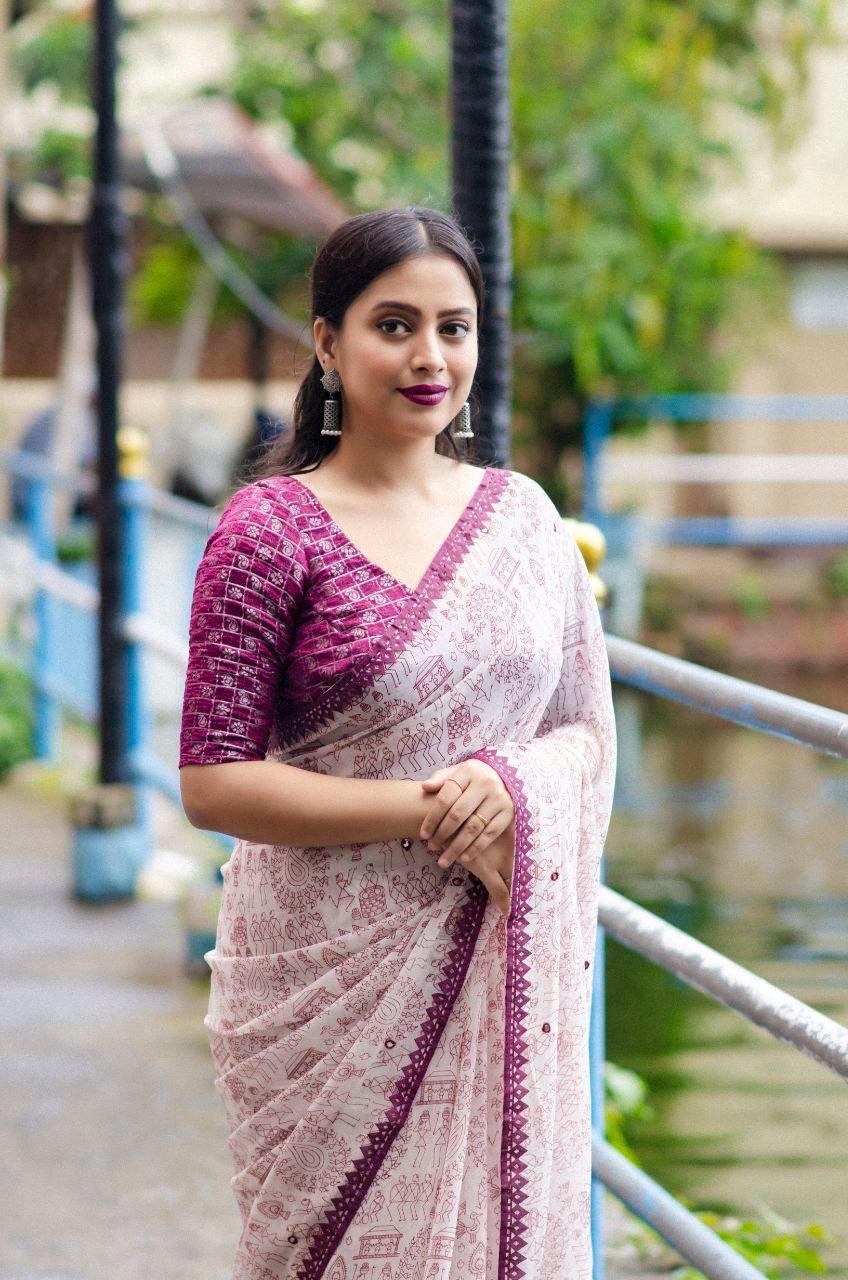 Purple Pure Georgette Warli Print Saree with Banarasi Silk Blouse