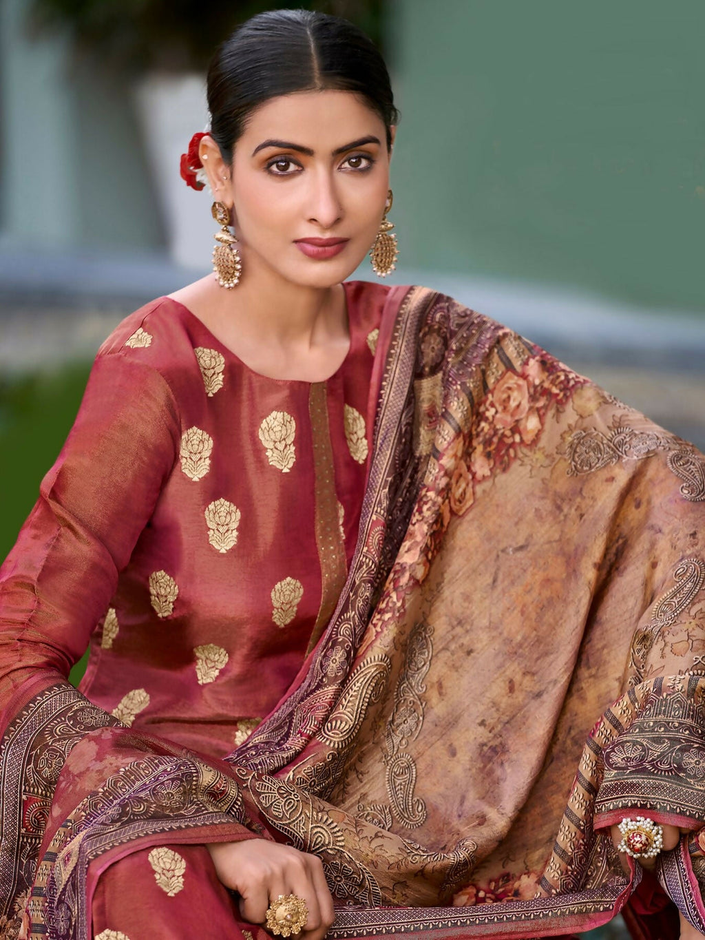 Women's Maroon Pure Silk Jacquard Woven Kurta Set with Trouser