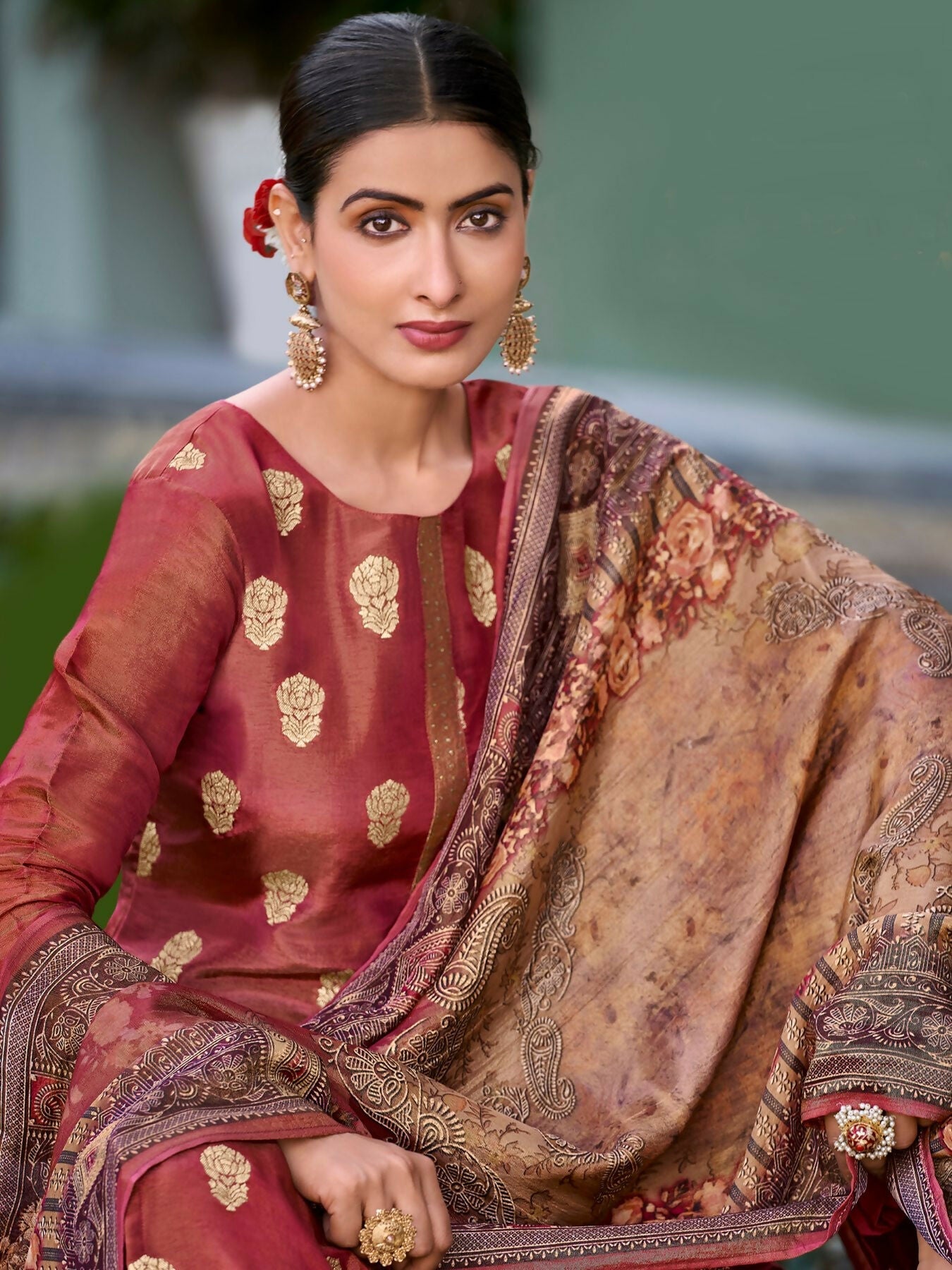 Women's Maroon Pure Silk Jacquard Woven Kurta Set with Trouser
