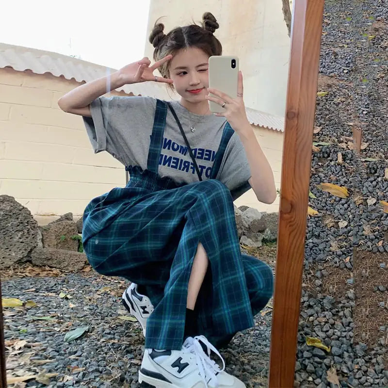 Women's Plaid High Waist Wide Leg Overalls with Side Slits - Image 2