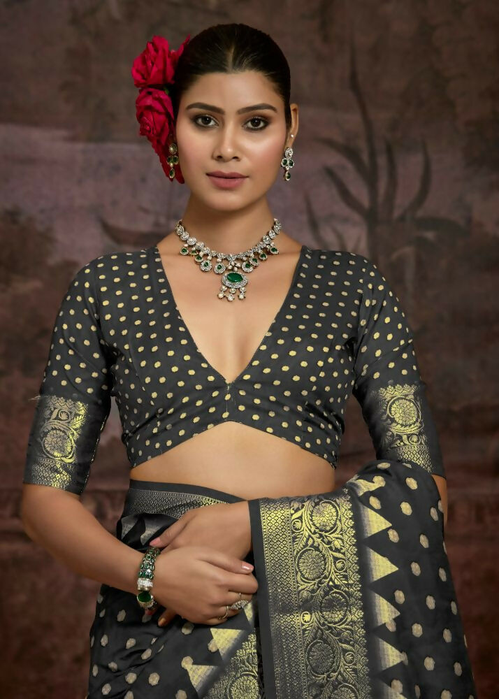 Joban Fashion Grey Dola Tussar Silk Self Jacquard Border Saree