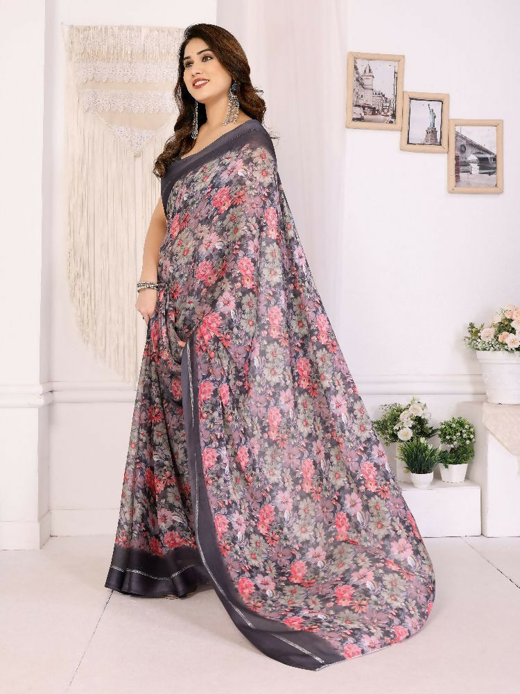 Black moss satin saree with abstract Patta print and matching blouse