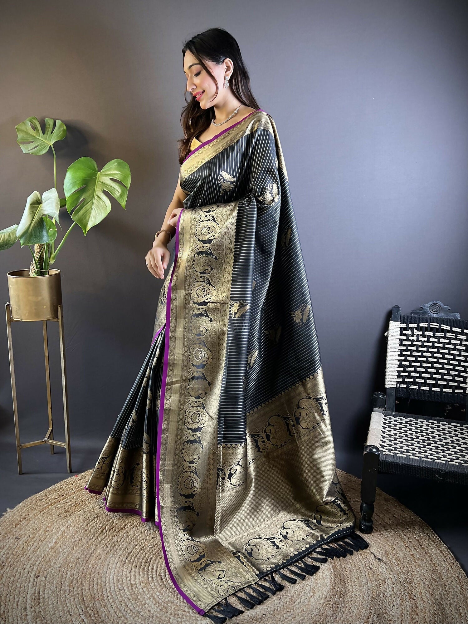 Black Striped Floral Soft Silk Leheriya Saree with Unstitched Blouse
