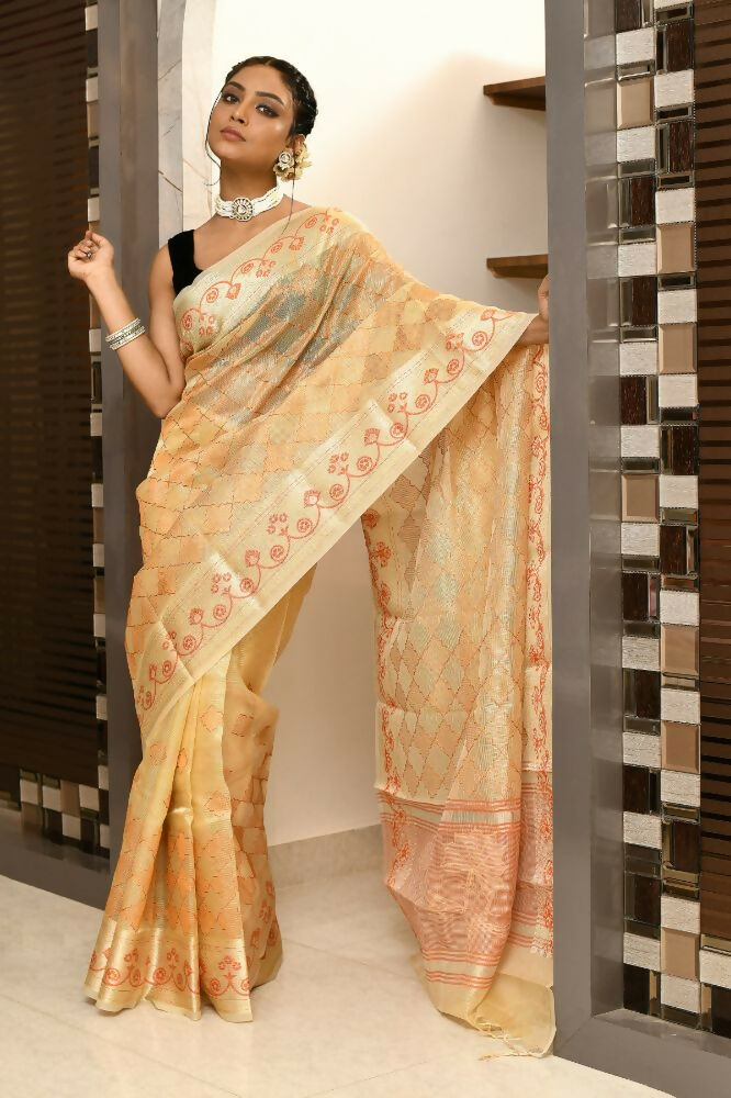 Light Orange Kota Tissue Saree with Embroidery & Appliqué Anchal