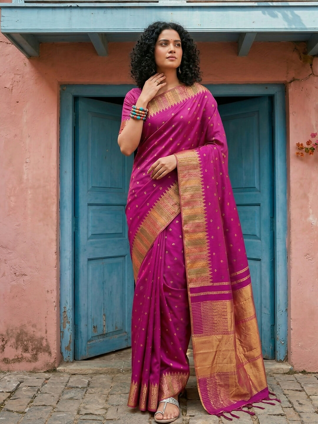 Magenta Silk Blend Saree with Matching Blouse Piece