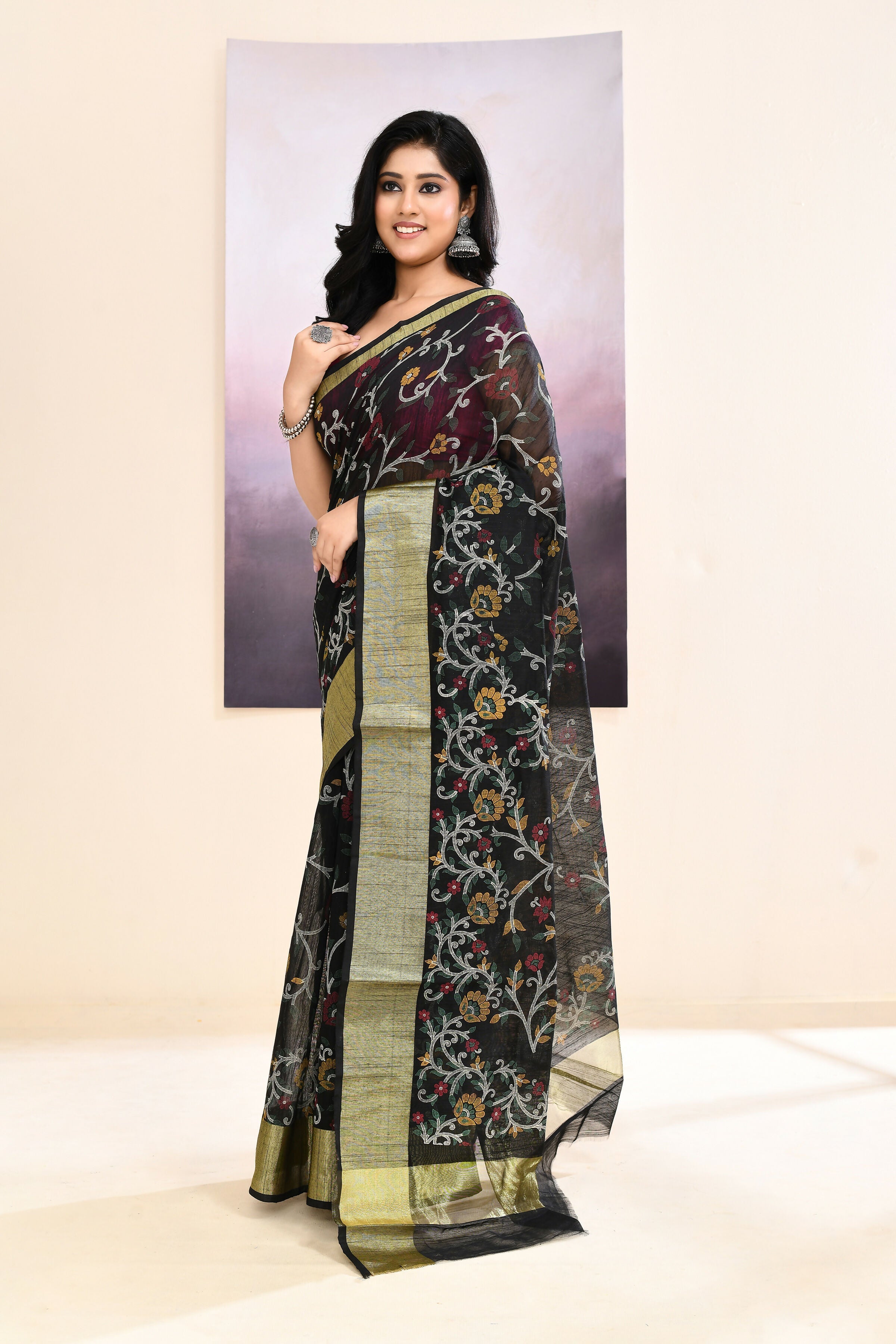 Elegant black printed cotton blend saree with embellishments