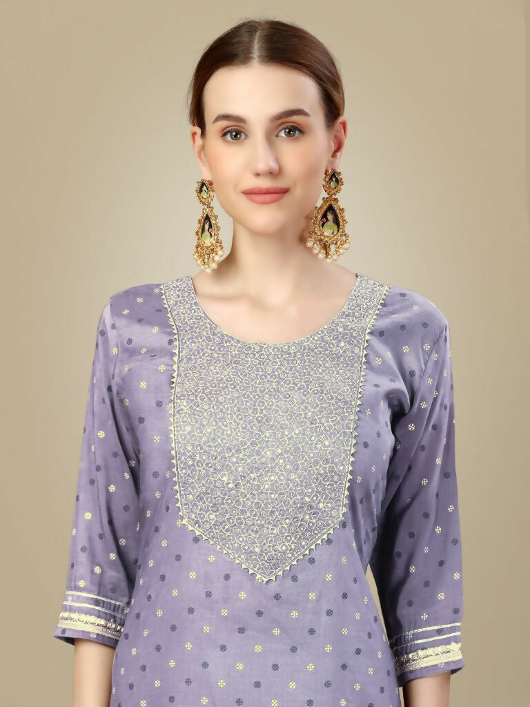 Lavender Silk Blend Embroidered Kurta Set with Trousers and Dupatta