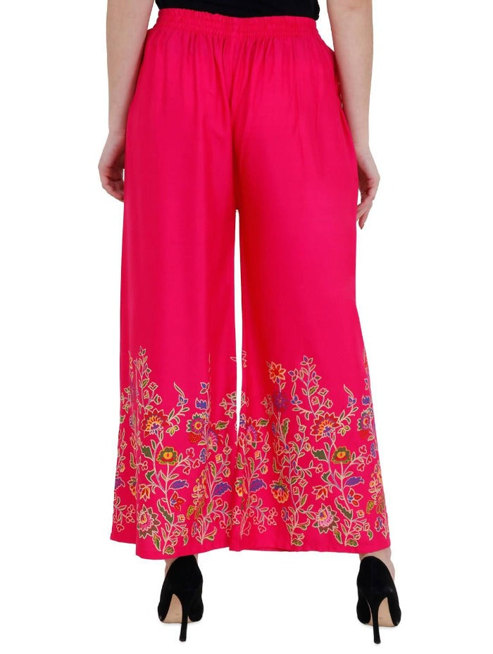 Magenta Floral Print Wide Leg Palazzo Pants - Breathable Rayon