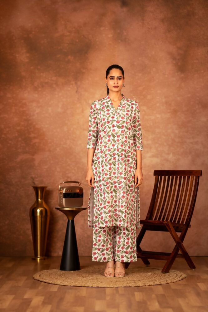 Red Green Hand Block Printed Cotton Suit Set