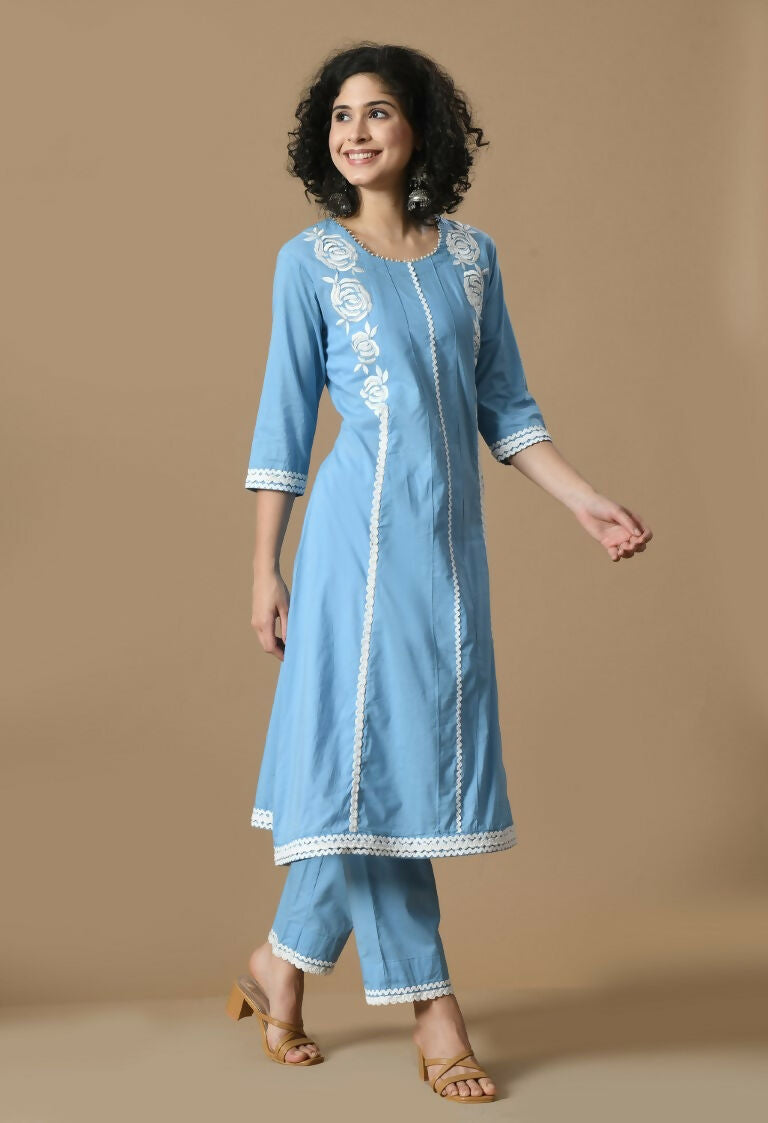 L.Blue Cotton Kurta Set with Organza Dupatta