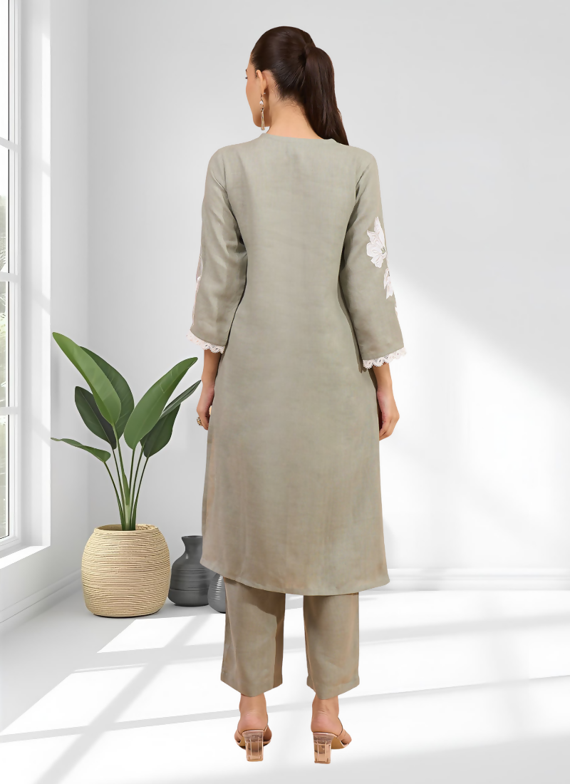 Gray Embroidered Linen Long Kurta with Matching Pants Set