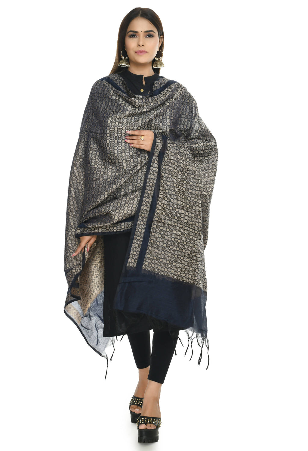 Navy blue handloom cotton dupatta draped elegantly