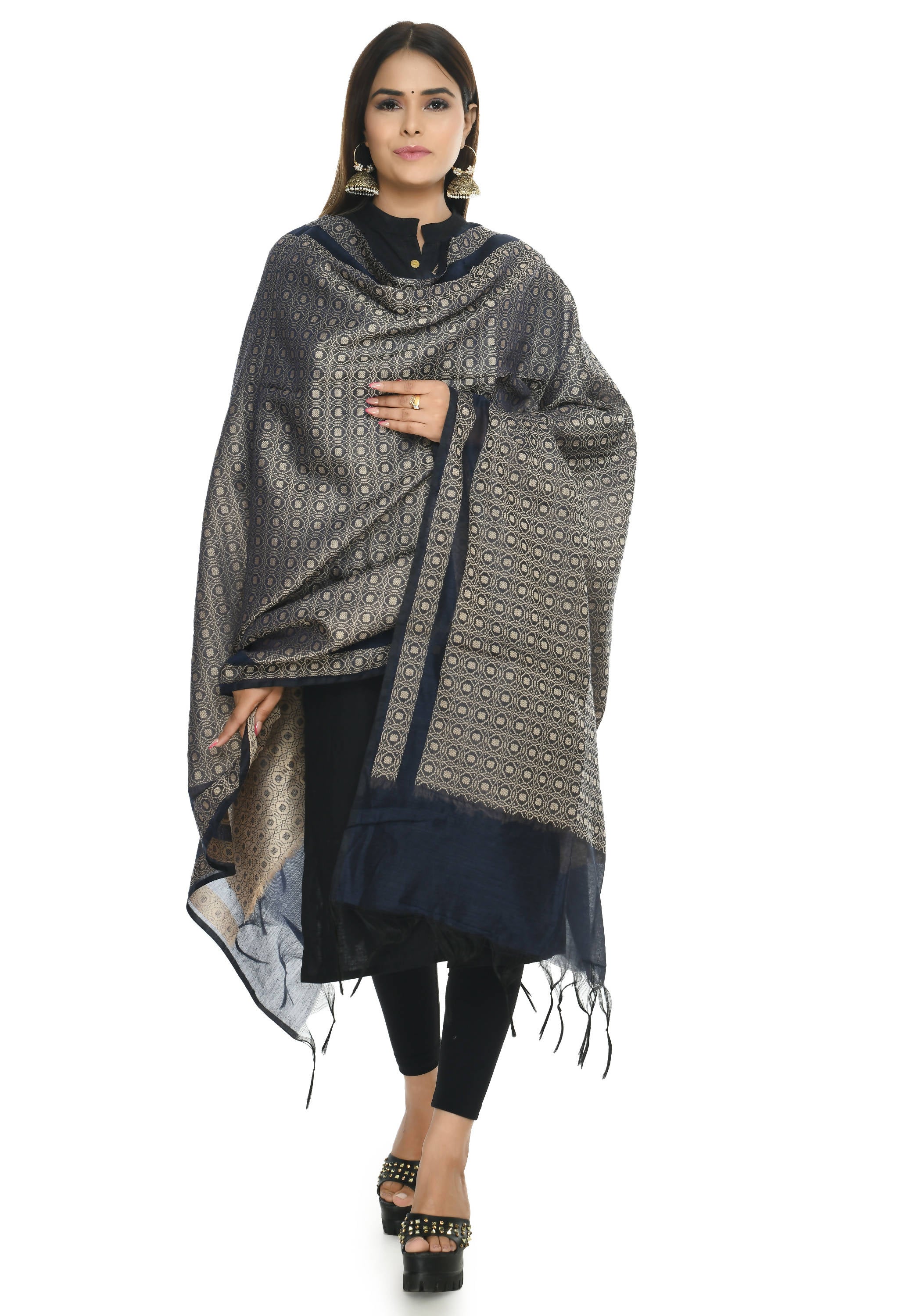 Navy blue handloom cotton dupatta draped elegantly