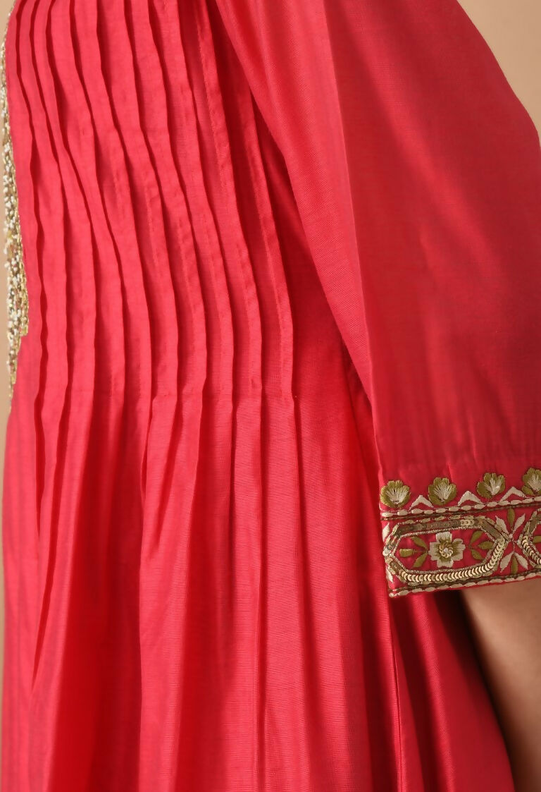 Red Chanderi Kurta Set with Organza Dupatta - 3 Piece Festive Wear