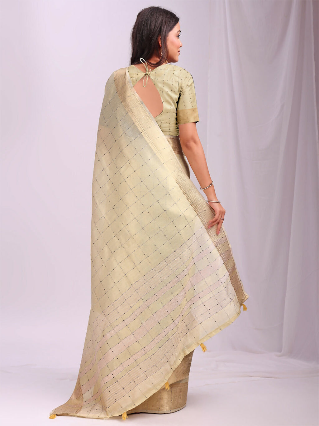 Gold Organza Saree with Yellow Blouse for Festive Occasions