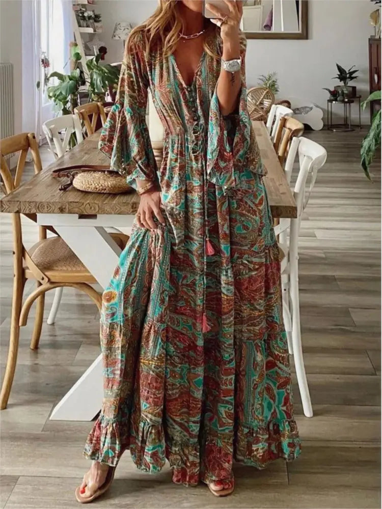 Women's Bohemian Floral Maxi Dress - V-Neck