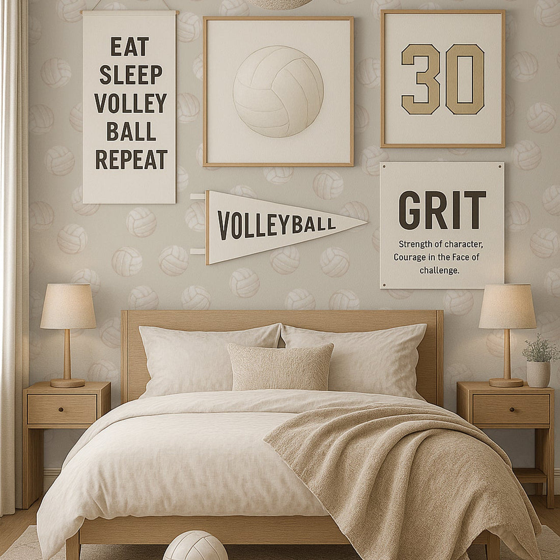 Volley wallpaper pattern in dusty-rose and off-white, perfect for nursery wall decor.