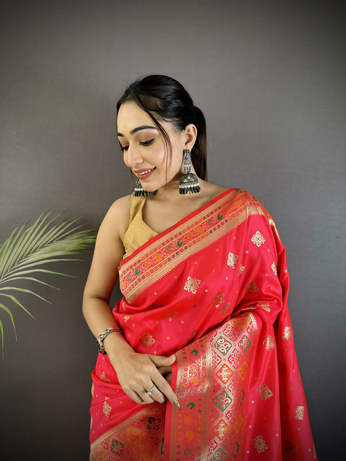 Rani Pink Geometric Pattern Soft Silk Patola Saree