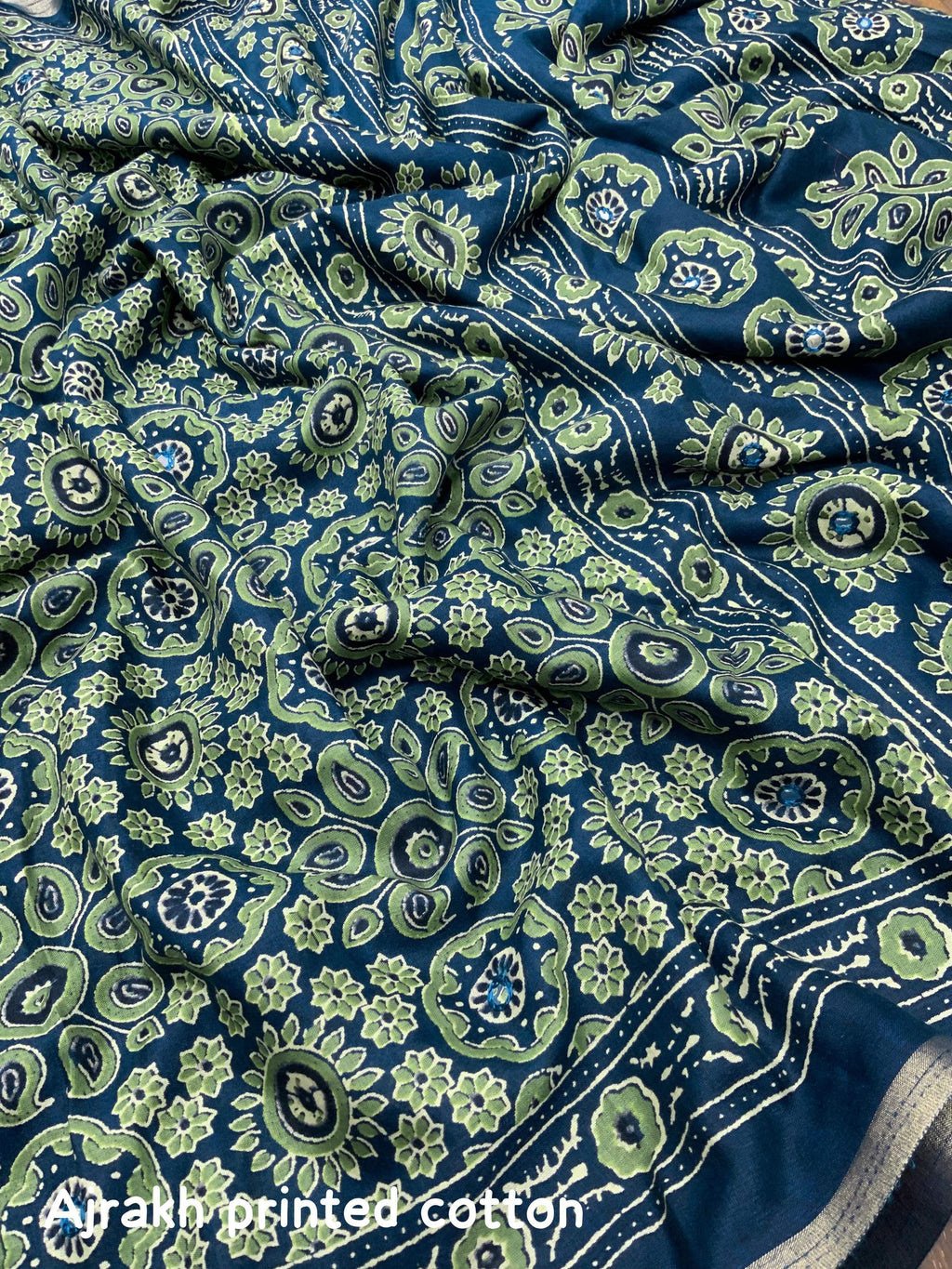 Blue Ajrak Print Cotton Blend Saree with Zari Border