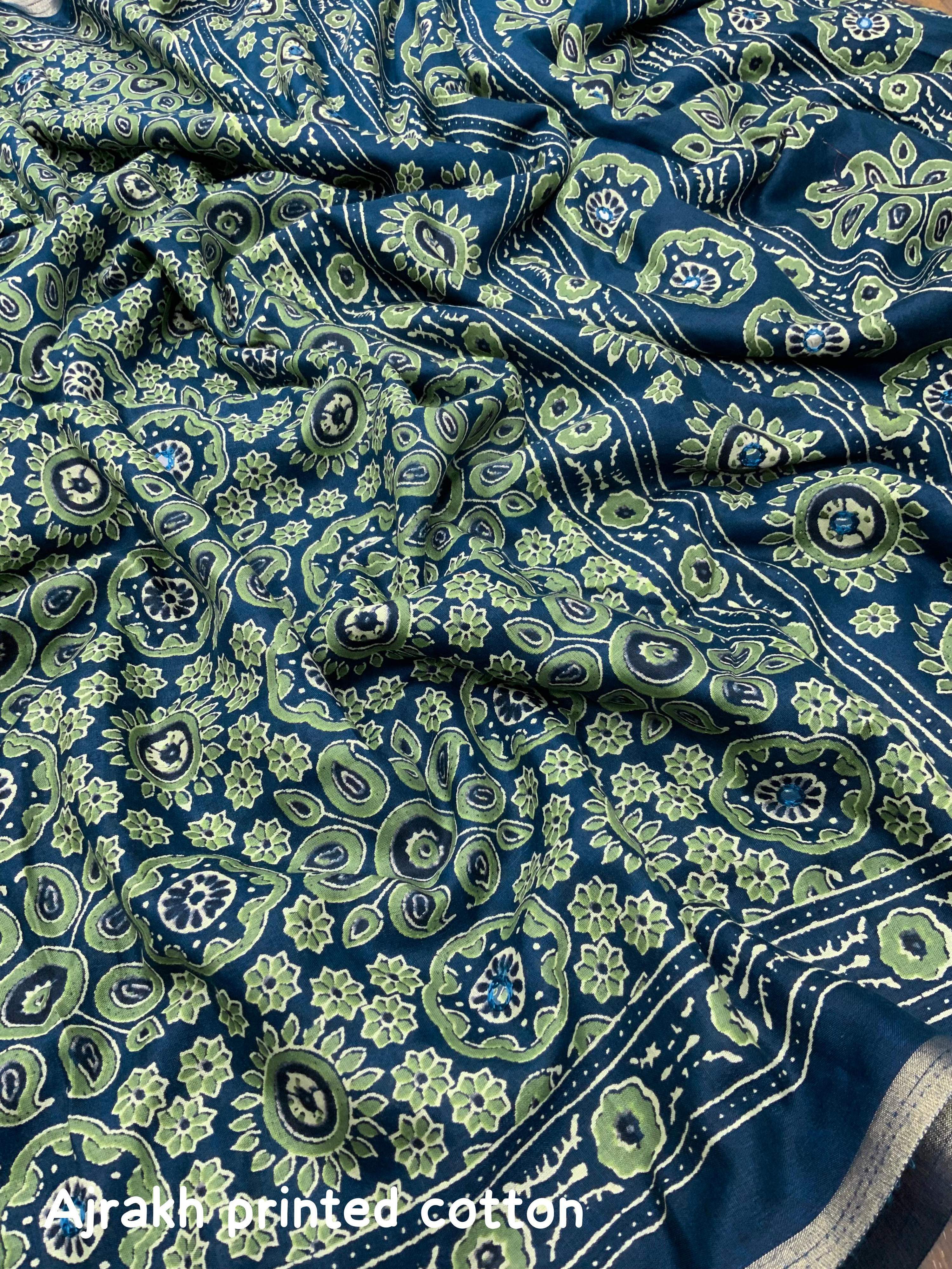 Blue Ajrak Print Cotton Blend Saree with Zari Border