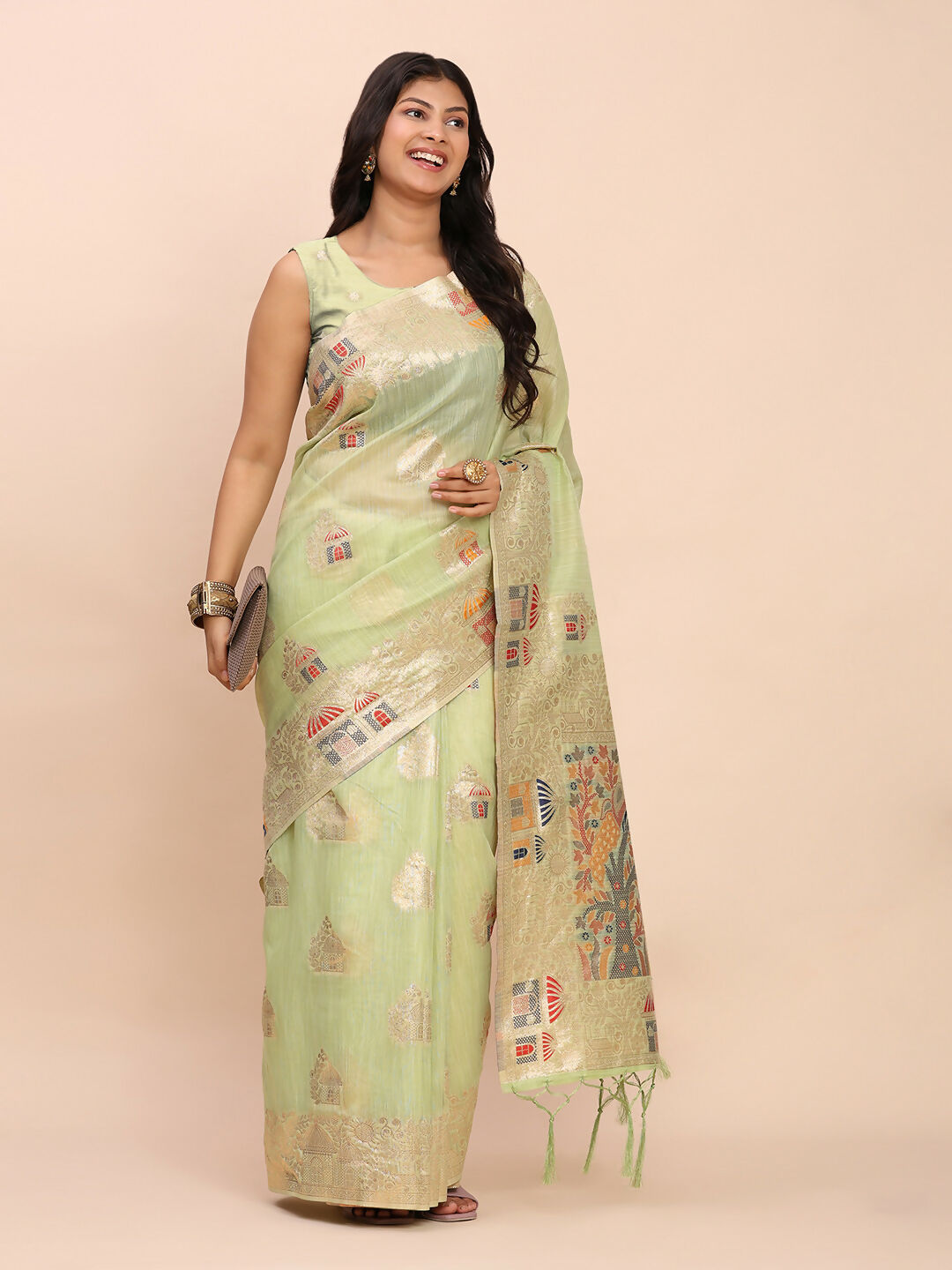 Light Green Linen Cotton Saree with Matching Blouse Piece