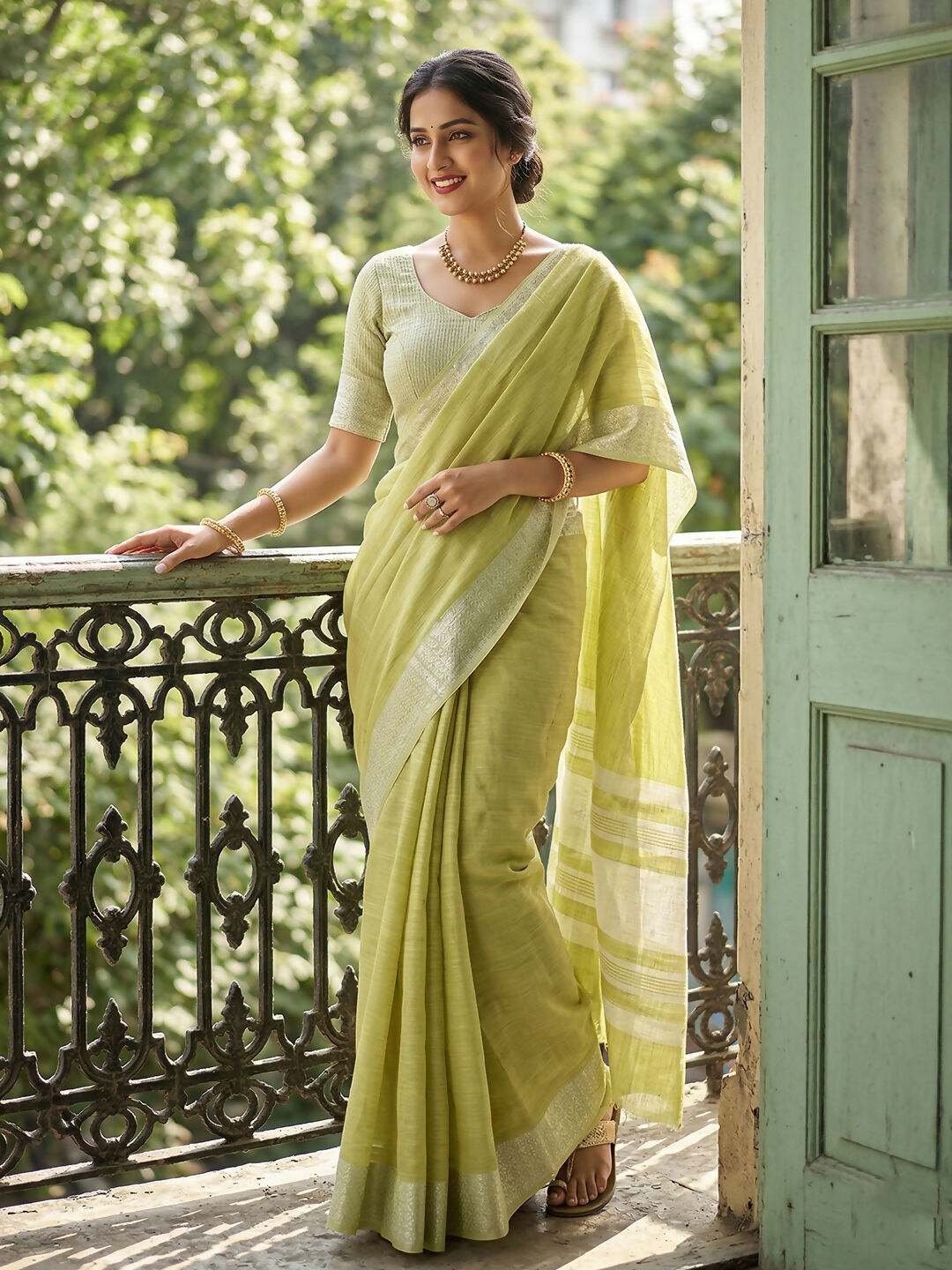 Popat Green linen saree with matching unstitched blouse piece