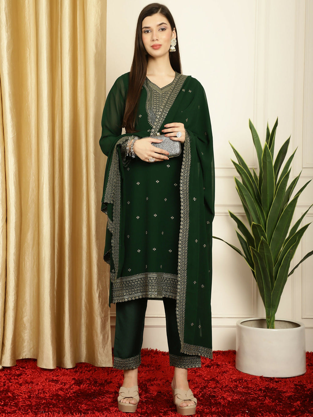 Women's Green Georgette Resham Thread & Sequin Kurta Set