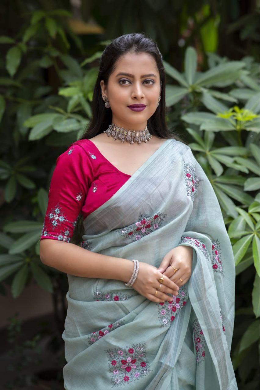 Pine Pure Linen Ethnic Motifs Saree with Unstitched Blouse - Hiral Fashion
