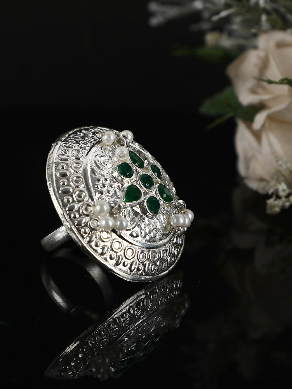 Intricate Silver Tone Green Stone Statement Ring for Women
