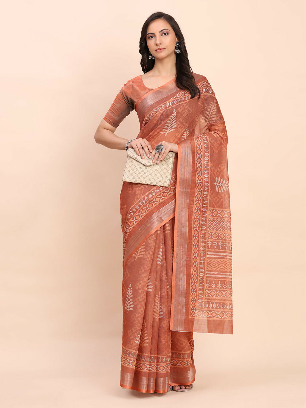 Shree Shyam Fashion Linen Cotton Rust Saree