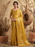 Bright yellow tissue silk saree with an elegant glossy finish and matching blouse