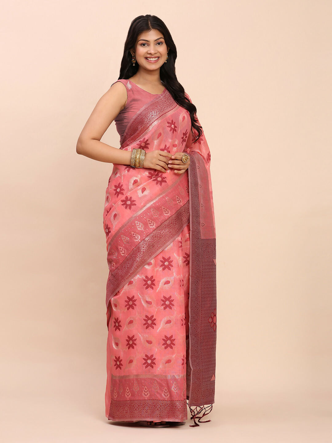 Peach Linen Cotton Saree with Matching Blouse Piece