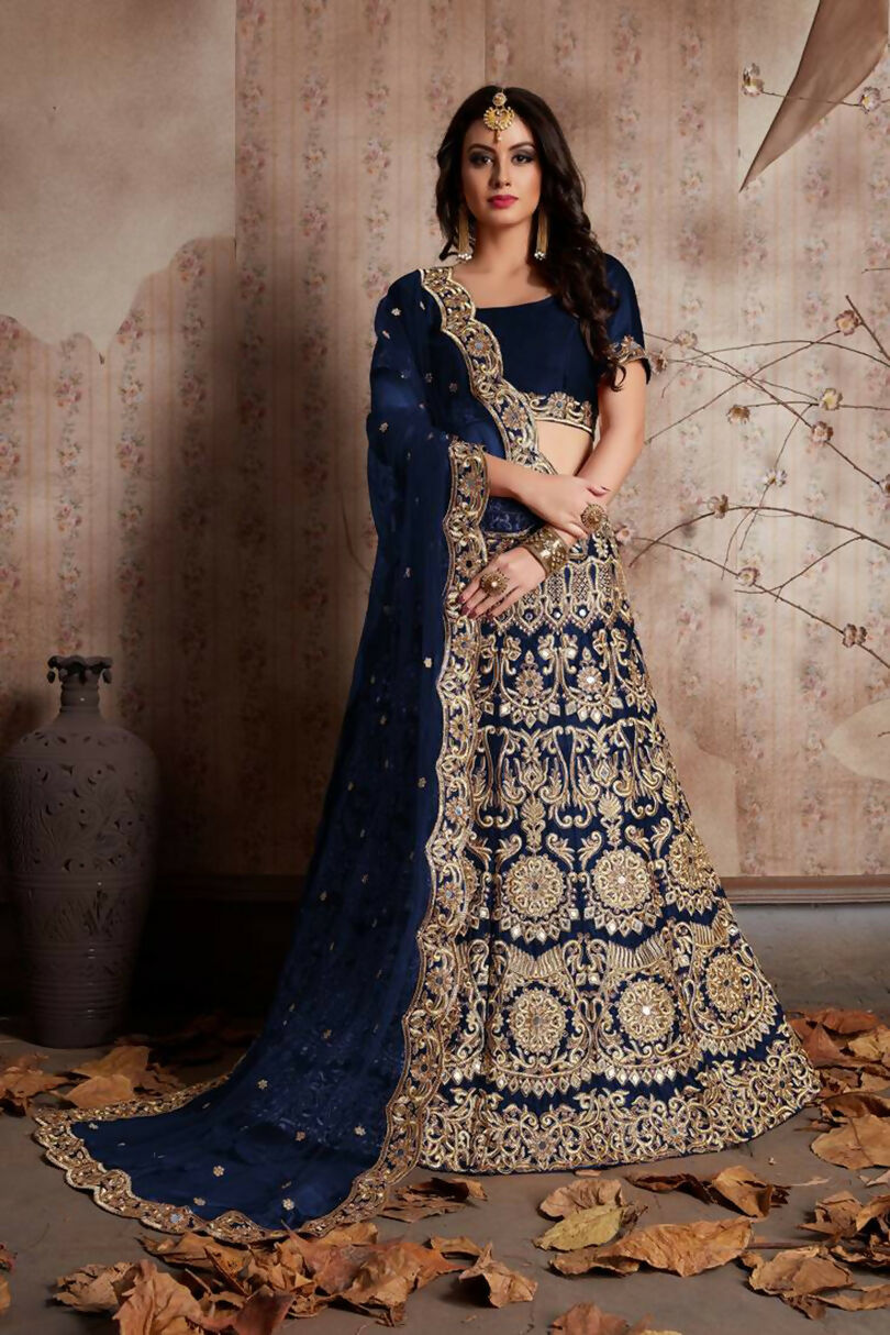 Navy blue semi velvet lehenga choli with heavy mirror and sequin embroidery