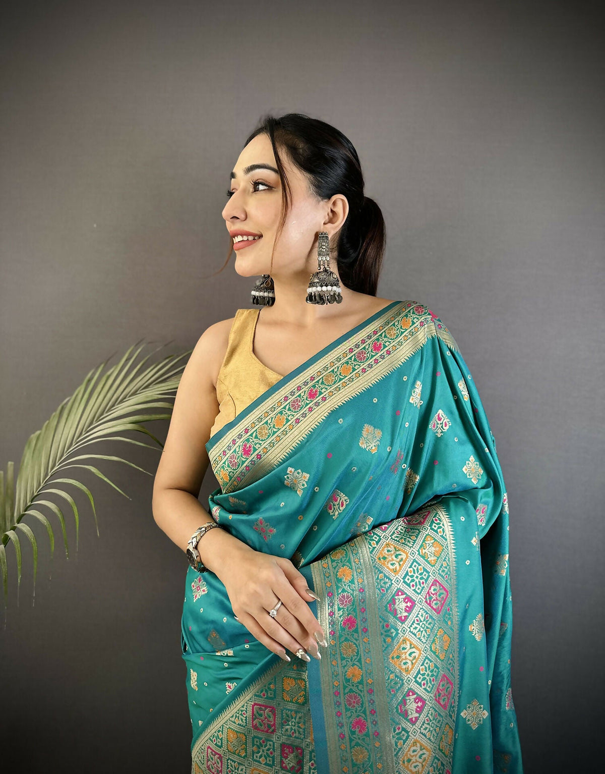 Turquoise Blue Geometric Pattern Soft Silk Patola Saree