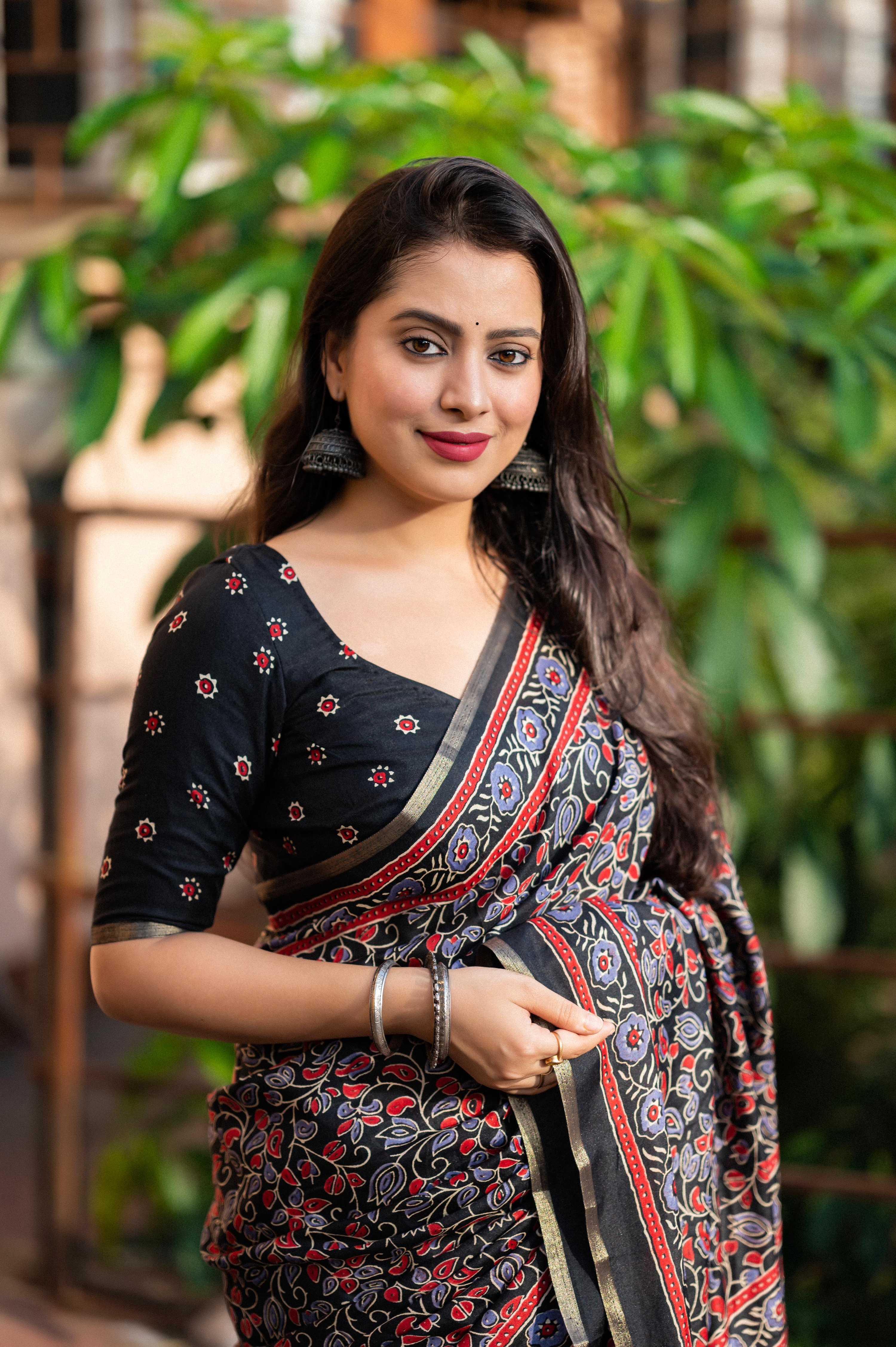 Black Cotton Blend Ajrak Saree with Zari Border